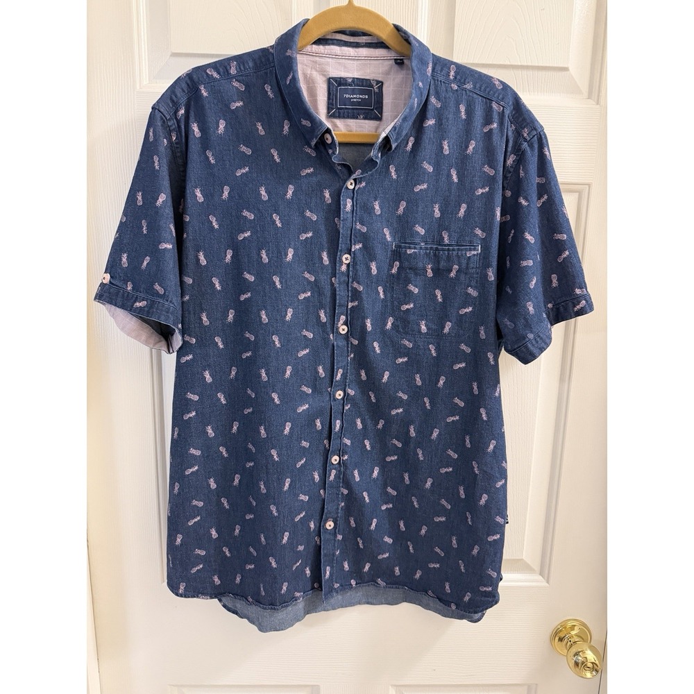 Men's Short Sleeve Button Up 7 Diamonds Cotton Blend Stretch Casual Resort